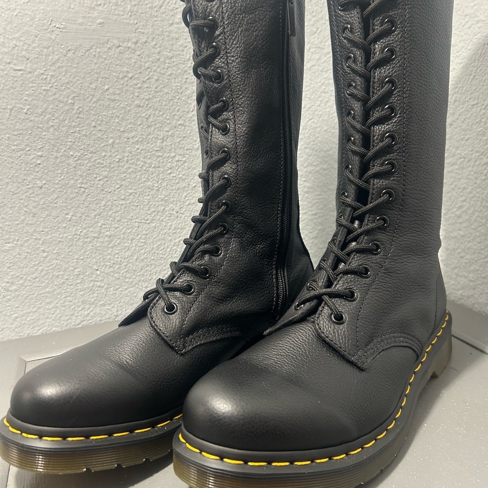 Dr. Martens 1898 Black Leather Knee-High Combat Boots with Yellow Stitching